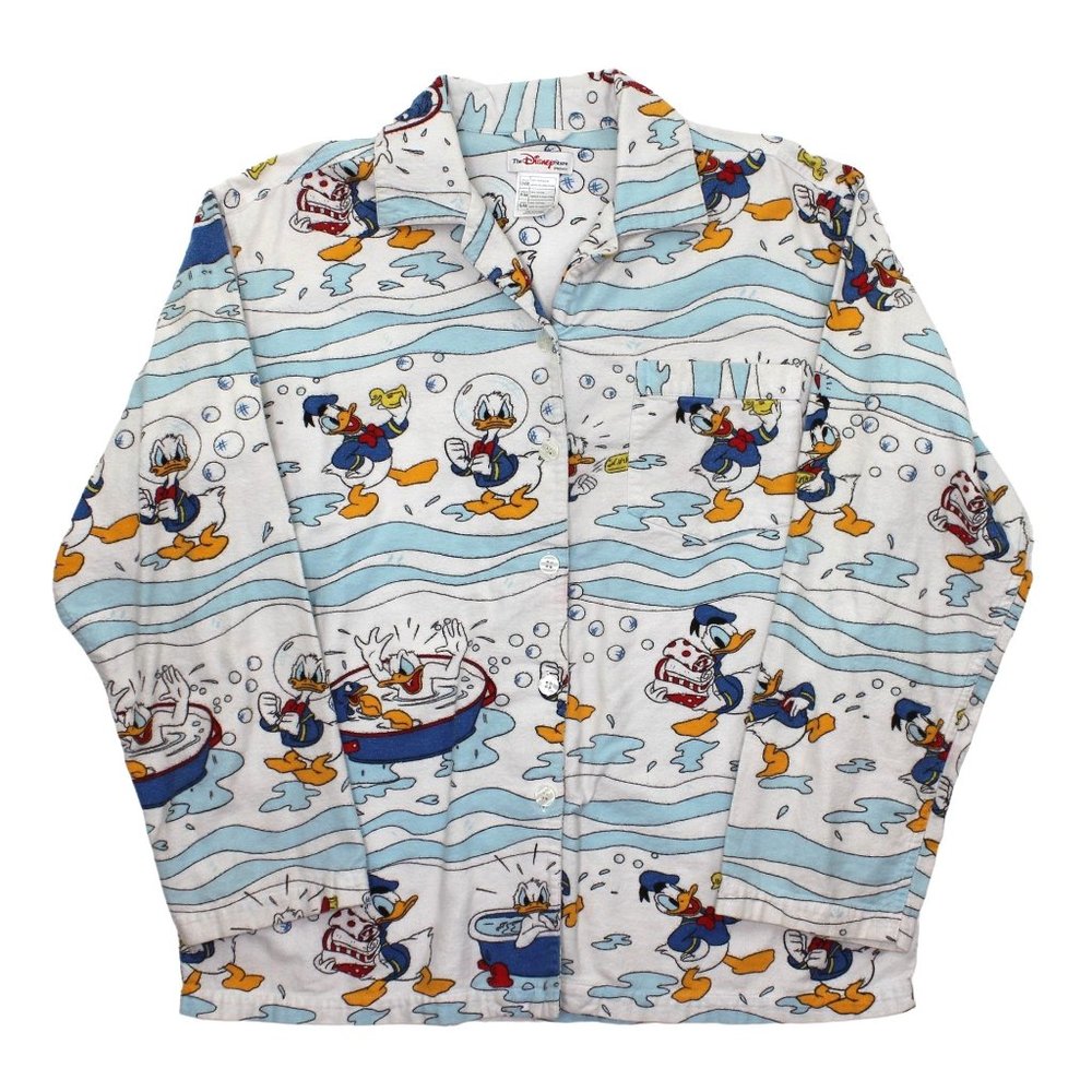 Vintage Disney Mickey Mouse Donald Duck Button Front Long Sleeve Pajama Shirt S